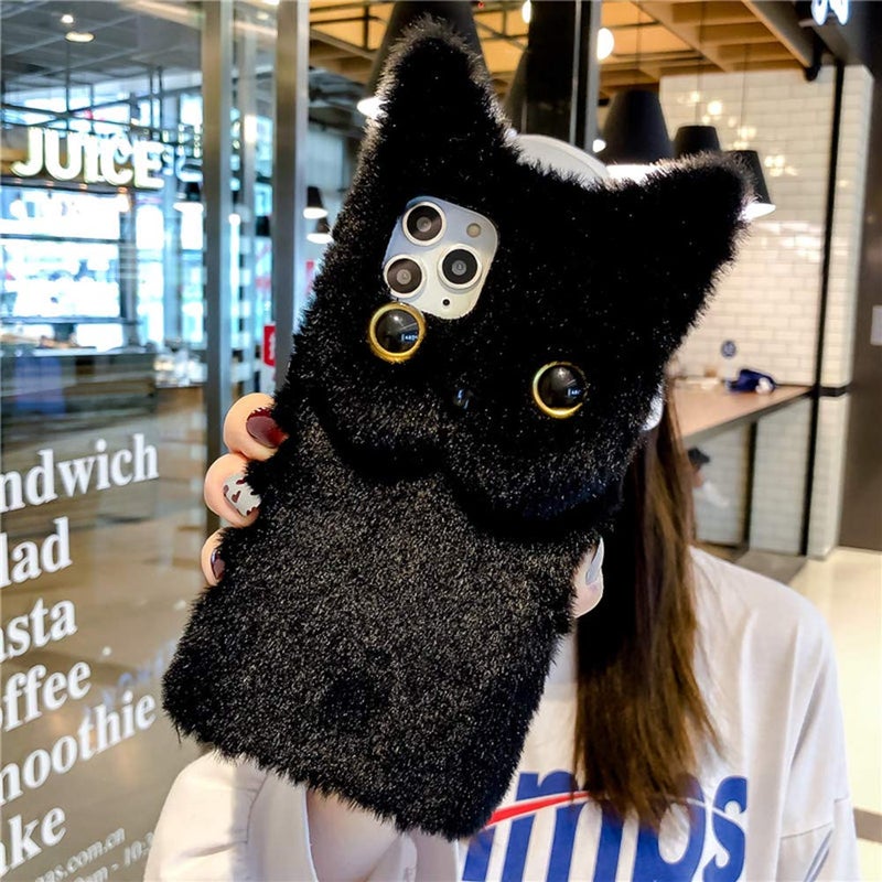 SGVAHY Furry Case for iPhone 11 Pro Max Cute Cat Black Fur Fluffy Soft Warm Plush Fuzzy with Bling Glitter Protective Case for Women Girls - Image 5